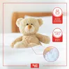 A teddy bear sitting on a white surface, with close-up views of filling and care instructions. Produktbild-Vorschau