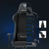 A cutaway view of a gaming chair showing its internal structure, with inset images of a gas lift and a wheel. Produktbild-Vorschau