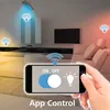 A hand holding a smartphone displaying an app interface for controlling smart lights in a living room. Produktbild-Vorschau