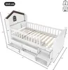 A white wooden children's bed with a house-shaped headboard and integrated storage drawers, shown with dimensions and specifications. Náhľad obrázku produktu
