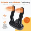 A shoe dryer with orange heat emanating from the top, with text overlays describing its features. Produktbild-Vorschau