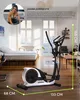 An elliptical trainer is shown in a living room setting, with a woman in the upper left corner. Text provides a testimonial. Podgląd zdjęcia produktu