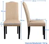 Two views of a beige dining chair with dimensions indicated by text and lines. Produktbild-Vorschau