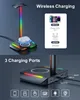 A product image showing a headphone stand with wireless charging capabilities and multiple charging ports, along with marketing text and icons. Podgląd zdjęcia produktu