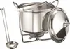 A stainless steel pot with a lid and a ladle, set on a stand with a burner. Voir les images du produit
