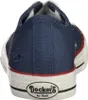 The back view of a blue canvas sneaker with white soles and red accents. Produktbild-Vorschau