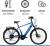 A blue Zündapp electric trekking bicycle is shown against a white background, with icons and text above detailing its specifications. Produktbild-Vorschau