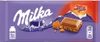 A Milka & Daim chocolate bar wrapper with a depiction of mountains and a cow. Produktbild-Vorschau