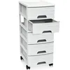 A white plastic drawer unit with five drawers, one of which is partially open, on wheels. Produktbild-Vorschau