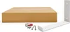 A cardboard box, screws, wall plugs, and a white shelf bracket are arranged on a white background. Produktbild-Vorschau