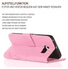 A pink phone case is shown open, displaying its stand function and a cut-out for a camera lens. Text describes the stand function. Produktbild-Vorschau