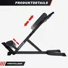 A side view of a black and gray adjustable hyperextension bench against a white background, with red arrows indicating adjustable parts. Produktbild-Vorschau