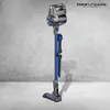A cordless vacuum cleaner stands vertically against a textured gray background. Produktbild-Vorschau