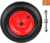 A close-up studio shot of a wheel with a red rim and black tire, along with a metal bolt and washers. Produktbild-Vorschau