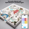 A 3D isometric view of a house floor plan with a robot vacuum cleaner and a smartphone displaying the app interface. Produktbild-Vorschau