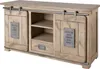 A product shot of a wooden sideboard with sliding barn doors. Voir les images du produit
