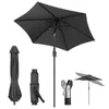 A black patio umbrella is shown in an open state, with its folded state and components displayed separately. Produktbild-Vorschau