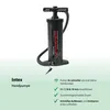 A black hand pump with a hose and nozzle, presented on a white background with accompanying text and icons detailing its features. Produktbild-Vorschau