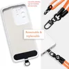 A collage showing a phone case with a lanyard and close-ups of the lanyard attachments. Produktbild-Vorschau