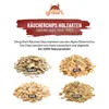 A collage of four piles of smoking chips, each labeled with a different wood type, with descriptive text and a logo at the top. Produktbild-Vorschau
