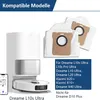 A white robot vacuum cleaner and its charging station are shown next to replacement dust bags. Text lists compatible models. Produktbild-Vorschau
