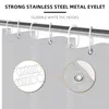 A close-up view of a shower curtain rod with hooks and a shower curtain, highlighting the metal eyelets and PVC hooks. Produktbild-Vorschau