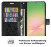A black wallet-style phone case with cards and cash inserted, next to a smartphone. Produktbild-Vorschau