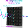 A piece of acoustic foam with sound waves interacting with it, illustrating sound absorption. Produktbild-Vorschau