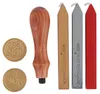 A set of wax seal stamps and wax sticks, including a wooden handle stamp and three sticks of wax in bronze, silver, and red. Voir les images du produit