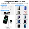 A marketing image showing a charging station with various Apple devices and compatibility information. Produktbild-Vorschau