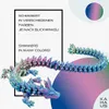 A 3D printed dragon figure with iridescent colors, displayed with text describing its shimmering effect. Produktbild-Vorschau