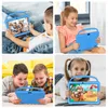 Collage of four images showing children using blue tablets in different settings. Produktbild-Vorschau