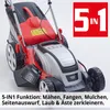 A red and silver electric lawnmower is shown from a slightly elevated front-left angle against a white background. A red square overlay with white text '5 IN 1' is in the top right corner. Produktbild-Vorschau