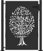 A black metal garden gate with a white tree silhouette design. Produktbild-Vorschau