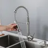 A hand is shown using a pull-down kitchen faucet over a double sink. Podgląd zdjęcia produktu
