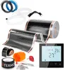 A collage of items for an underfloor heating system, including heating mats, cables, a thermostat, and installation tools. Produktbild-Vorschau