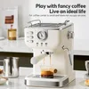A cream-colored espresso machine is shown in a kitchen setting, making coffee. Produktbild-Vorschau
