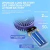 An advertisement for a portable fan highlighting its battery features. Produktbild-Vorschau
