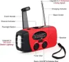 A red and black emergency radio with various features labeled. Produktbild-Vorschau