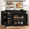 A black sideboard or buffet cabinet with its doors and drawers open, displaying organized storage compartments and various kitchen items. Anteprima dell’immagine prodotto