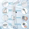 A collage of close-up images showcasing the different features of a white shower panel system against a light blue, watery background. Náhled obrázku produktu