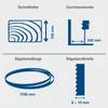 Diagrams illustrating the specifications of a bandsaw. Produktbild-Vorschau