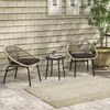 A patio set with two chairs and a small table on a tiled patio with a shingled wall in the background. Náhled obrázku produktu