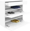 A white shoe cabinet with its doors open, revealing shoes and folded items inside. Produktbild-Vorschau