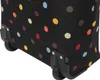 Close-up of the bottom corner of a black trolley bag with colorful polka dots and wheels. Podgląd zdjęcia produktu