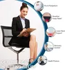 A woman in a suit sits on a chair and writes on a clipboard, with several circular images and text describing the benefits of a sitting relief product. Produktbild-Vorschau