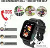 A smartwatch is shown with various icons and text indicating its features, along with circular images of children in different scenarios. Produktbild-Vorschau
