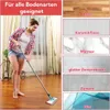 A woman is mopping a wooden floor, with various floor types shown as examples on the right side of the image. Produktbild-Vorschau