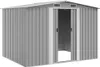 A gray metal garden shed with double doors. Náhled obrázku produktu