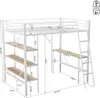 A diagram of a white metal loft bed with shelves and a desk, showing various dimensions. Anteprima dell’immagine prodotto
